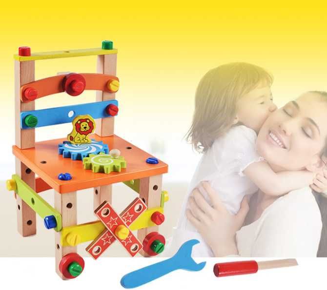 Дървено столче с врътки , конструктор 3в1 всички дървени играчки