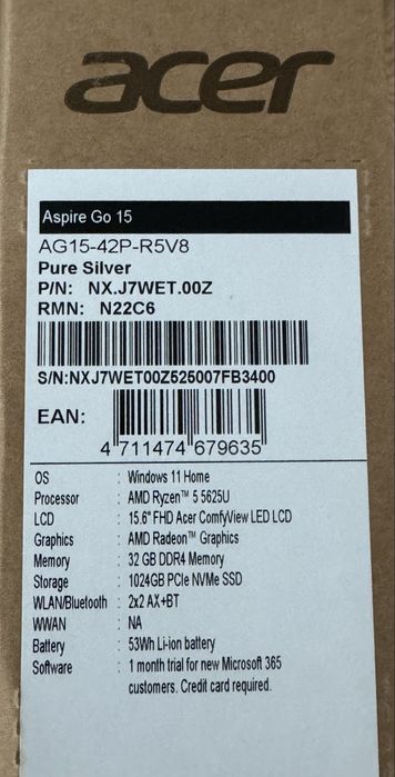 Laptop Acer Aspire Go 15 R5-5625U 15.6” Silver 32GB 1TB Nou Sigilat