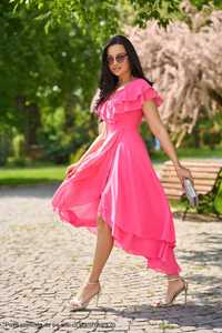 Rochie fuchsia midi asimetrica in clos cu volanase - StarShinerS