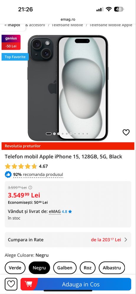 iPhone 15, Black NOU, Garantie Mai 2026, 100% Baterie