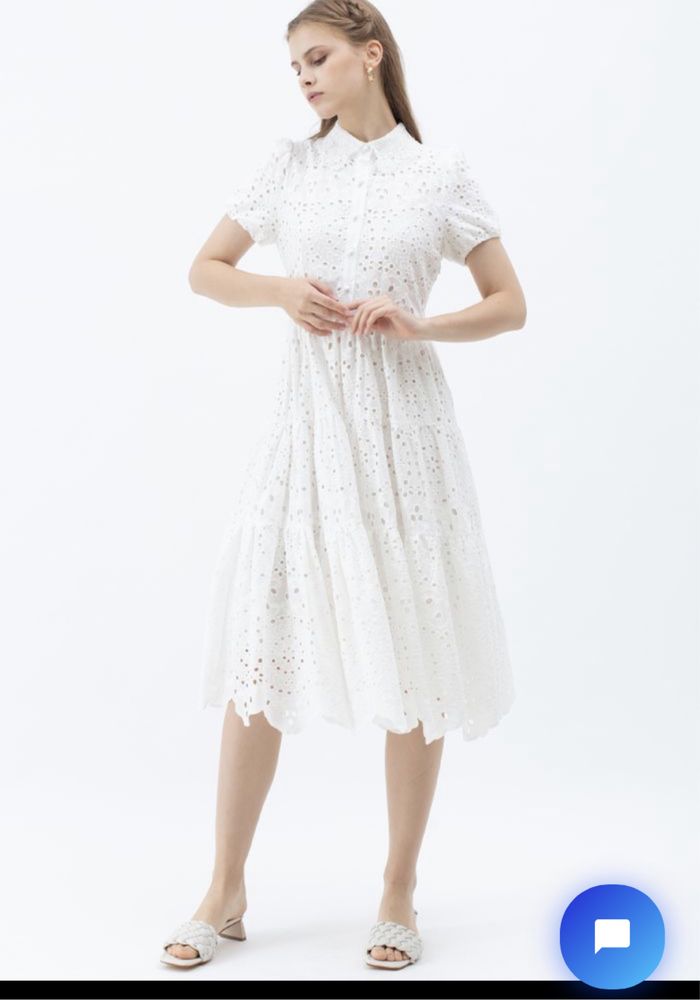 Бяла памучна рокля М Английска бродерия