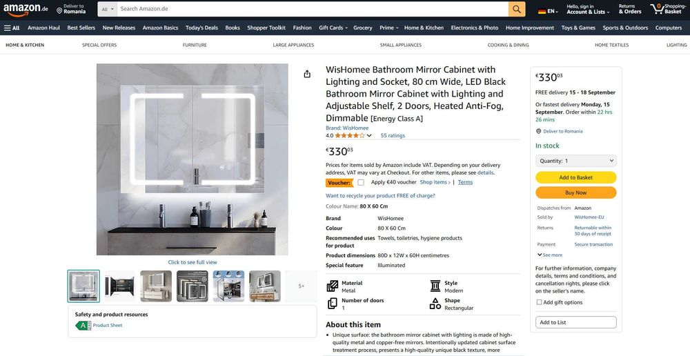 Dulap baie cu Oglinda + antiaburire+ LED+ priza, REDUS de la 1650RON