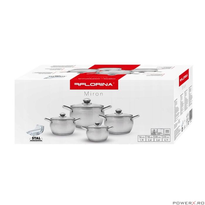 Set 4 oale cu capac, din inox, 1.9 l, 2.6 l, 3.6 l, 4.7 l, Miron