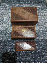 Set 3 cutii bijuterii,sculptate din lemn de trandafir