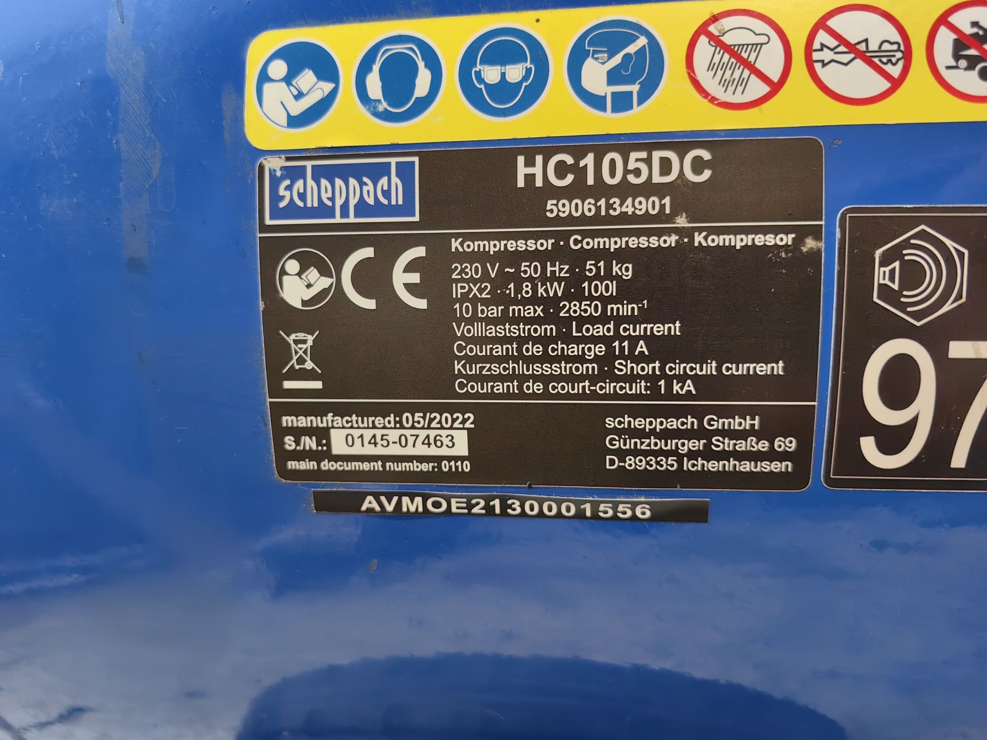 Компресор Scheppach HC105DC
Макс. налягане: 10 bar, 1 800 W, 100 l