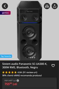 Sistem audio Panasonic SC-UA30E-K, 300W RMS, Bluetooth, Negru