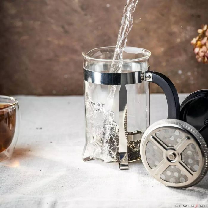 Infuzor ceai din sticla si inox,cu presa si lingurita, 0.6L, Kinghoff