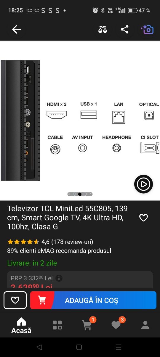 Vând Televizor TCL MiniLed QLED 139 cm.