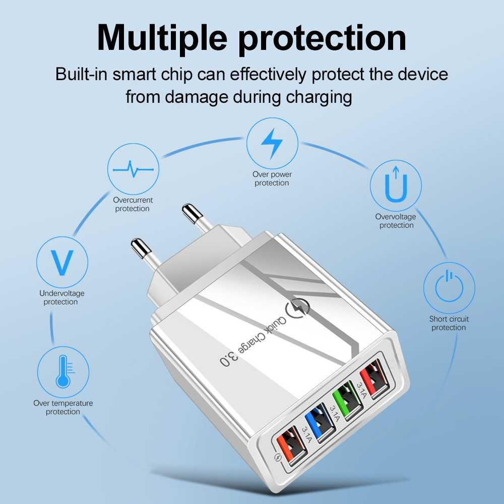 зарядно за мобилни телефони с 4 USB порта Quick Charge 3.0