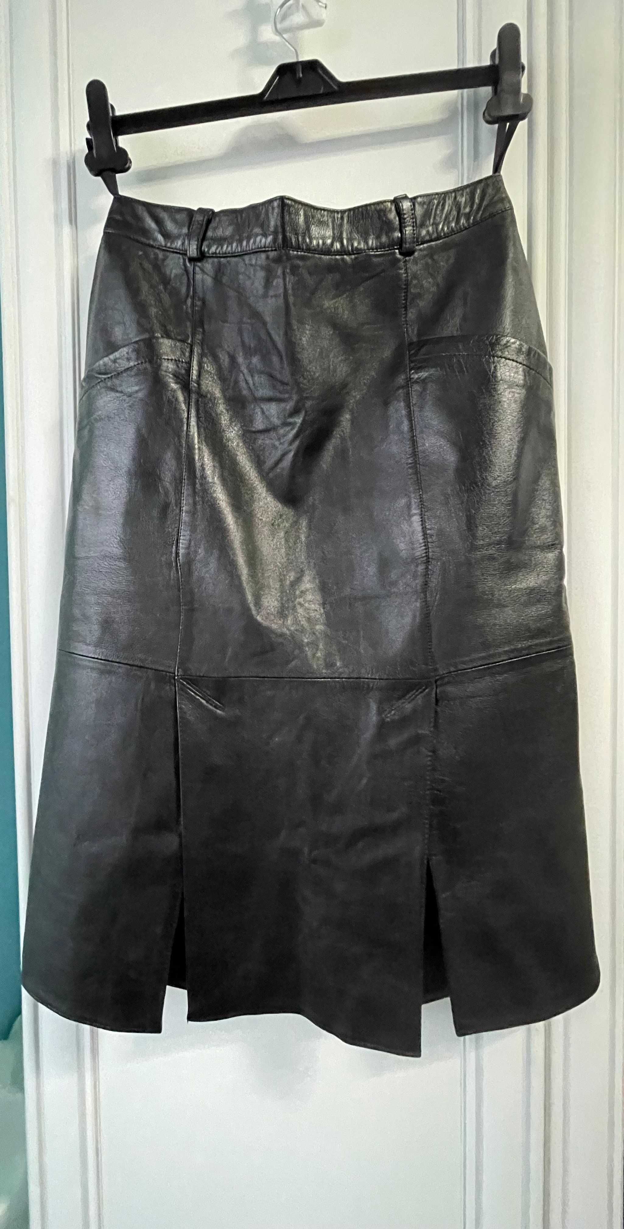 Fusta piele naturala neagra fina 2 buzunare crapaturi fata vintage