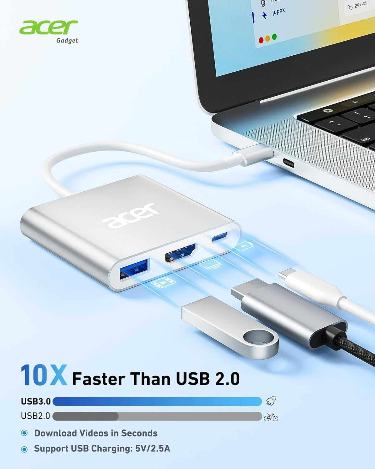 Acer USB C хъб, 3 в 1 с 5Gbps USB 3.0 GEN1 порт, 4K HDMI и PD Max 100W