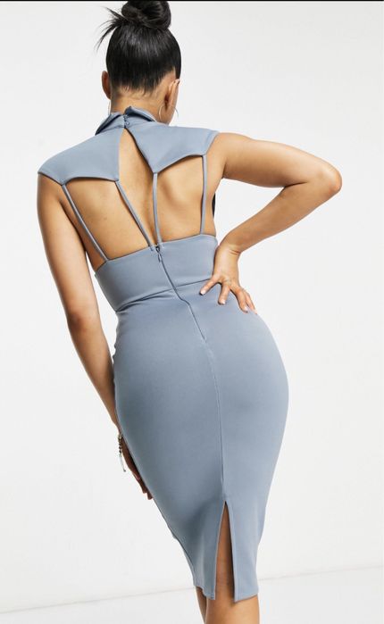 Rochie ASOS Waistcoat Plunge Midi Pencil Dress in Blue