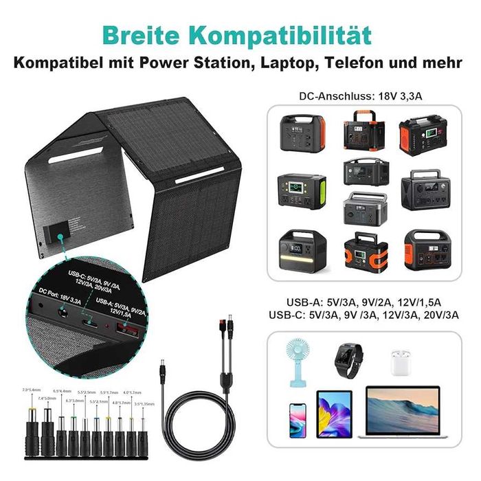 Solar Panel 60W with USB-A, USB-C and DC Output camping pescuit