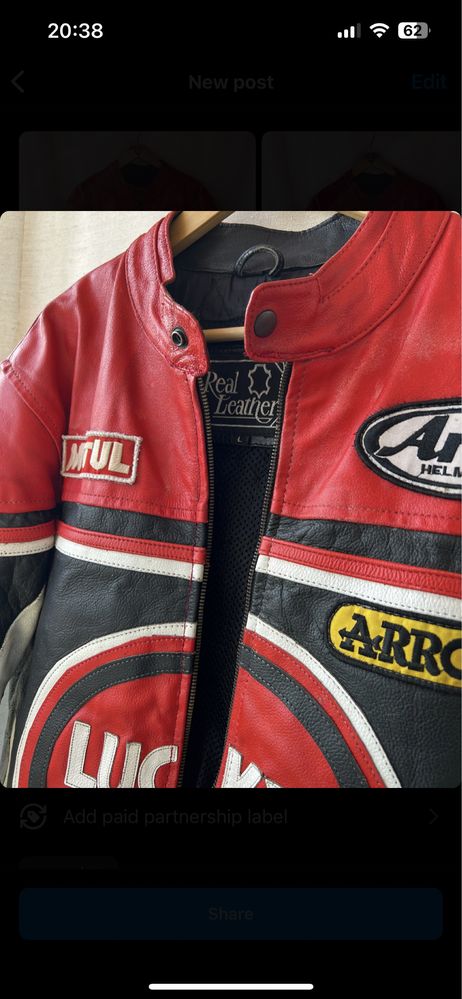 lucky strike 90s real leather racing biker jacket 80s