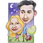 Caricatura cuplu în creioane colorate cu ramă