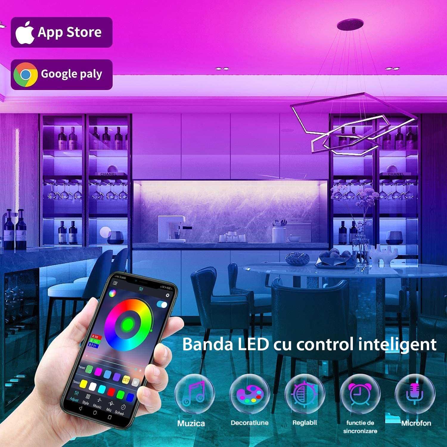 Kit Banda LED 5050 RGB Smart 20, 15, 10, 5 metri, Aplicatie pe telefon