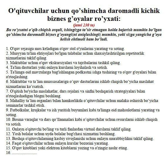 O'qituvchilar, ustozlar uchun qo'shimcha biznes g'oyalar ro'yxati