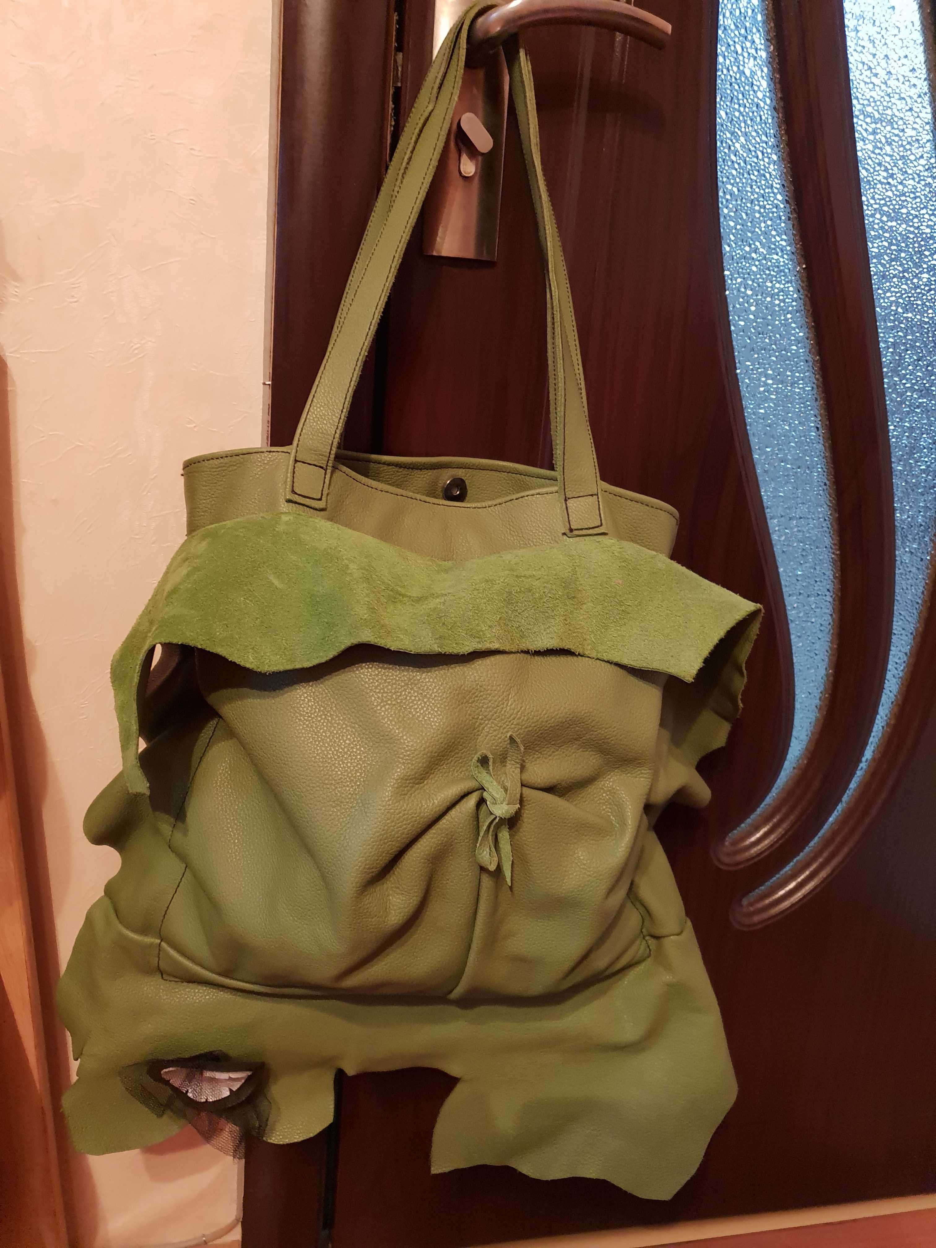 Уникална дизайнерска зелена чанта от естествена кожа