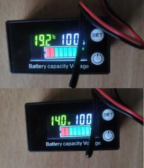 Индикатор за капацитета на батерията DC 8V-100V с термометър и аларма