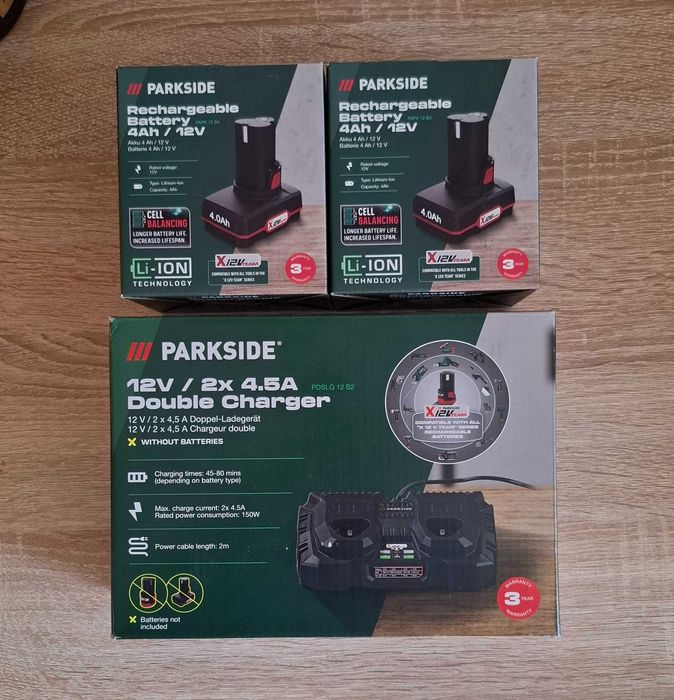 Parkside двойно бързо зарядно 12V 2x4.5A с две батерии 4Ah