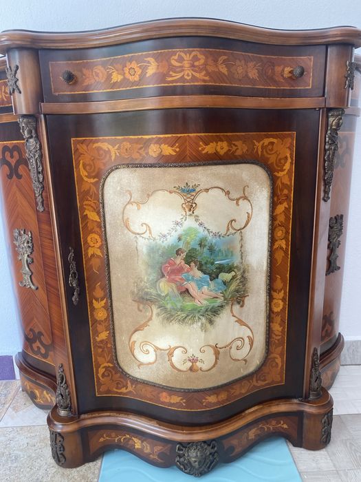 Comoda Lemn Masiv Pictura Bronz Intarsii Vintage