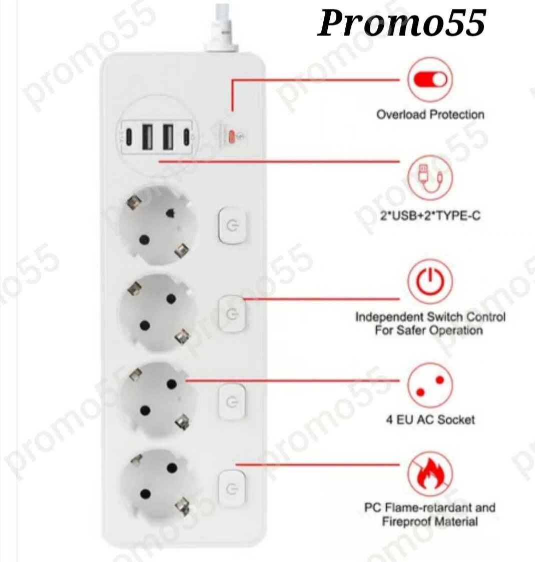 ПРОМО! Универсален Разклонител USB 2бр,Type-c 2бр, EU-4бр с Ключ 3250W