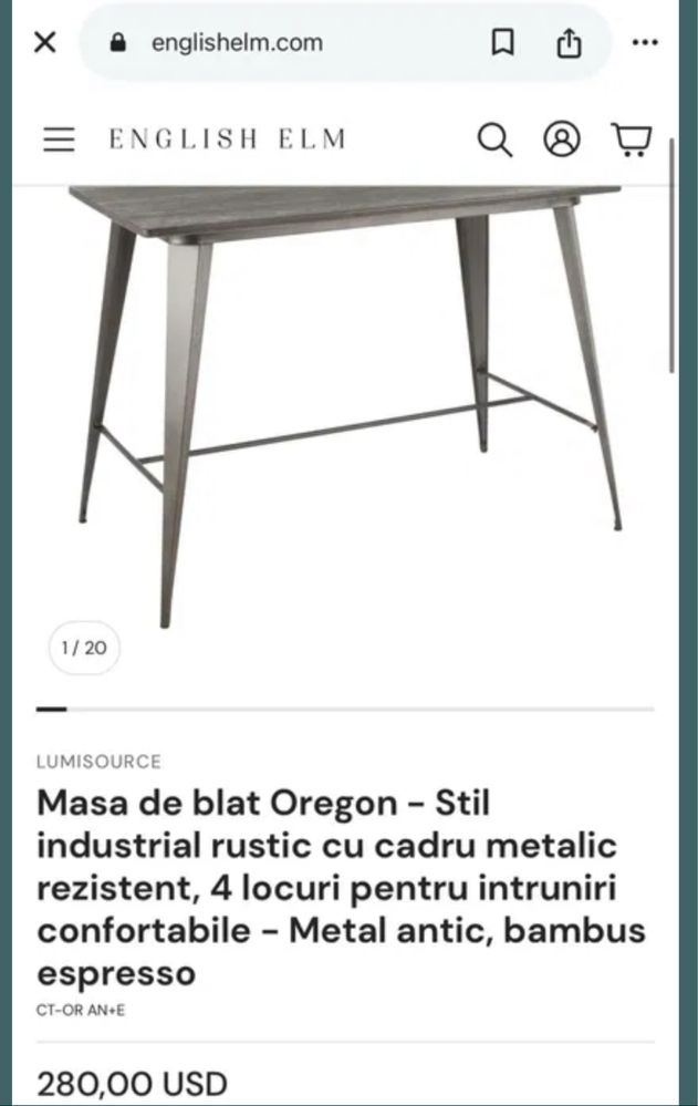 Masa de bar rustica Oregon Lumisource cu cadru metalic