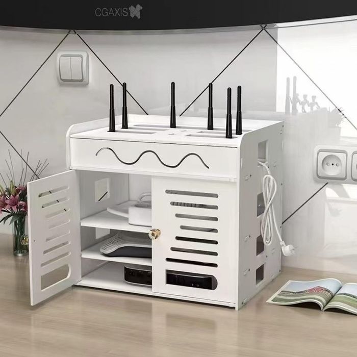 Органайзер шкаф за Wi-Fi рутер и кабели – 3 нива, бял дизайн