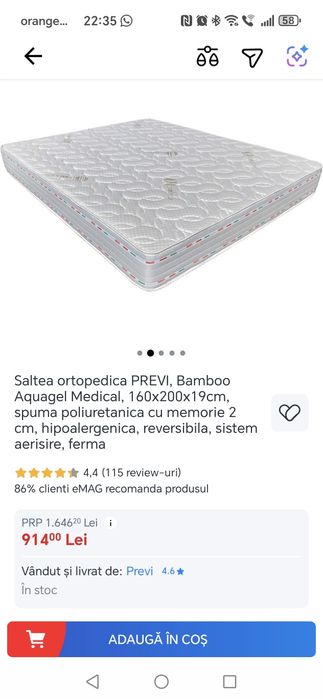 Saltea Previ  160x200 H 19 cm