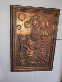 Panoplie cupru tablou in relief german arama pe lemn vintage