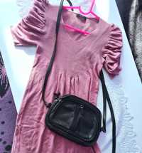 Разкошна плетена Розова рокля + черна кожена чантичка