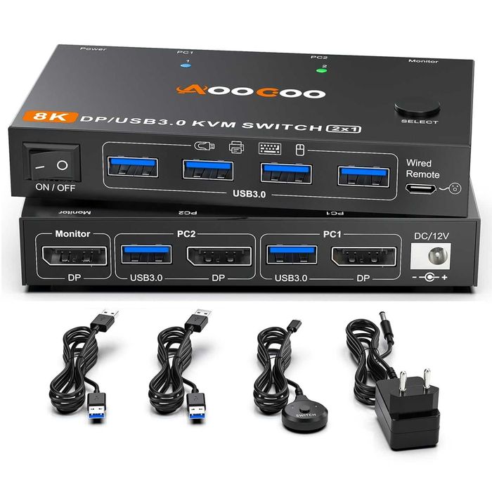 2 PC KVM Switch DisplayPort 8K,60Hz/4K,240Hz cu 4 Porturi USB 3.0