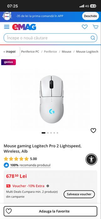 Vand Mouse gaming Logitech Pro 2 Lightspeed, Wireless, Alb