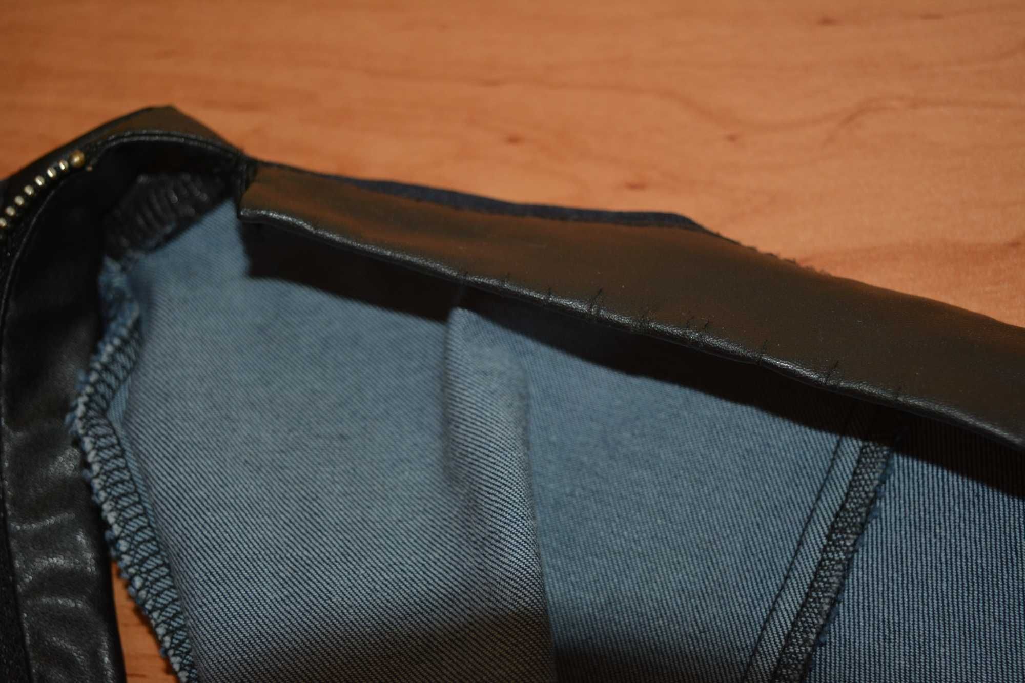 Дънков комплект от елече и панталон тип потур с кожени елементи
