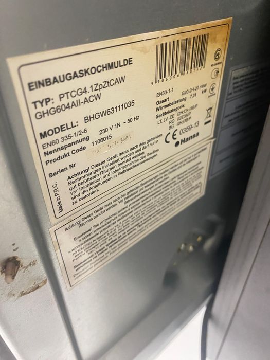 Plită Gaz 4 Arzătoare; Plită Sticlă Încorporabilă Hansa