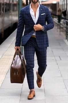 Costum slim 48 M slim Don John NOU doua piese albastru carouri lana