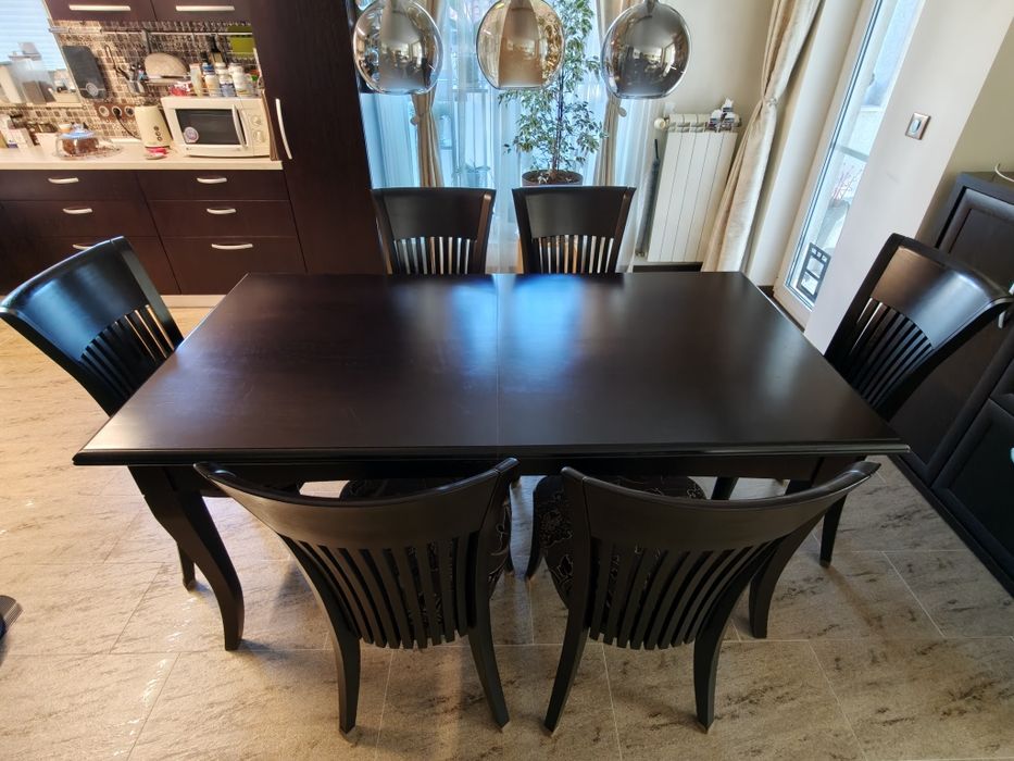 Трапезна маса и столове, разтегаема, масивно дърво, венге