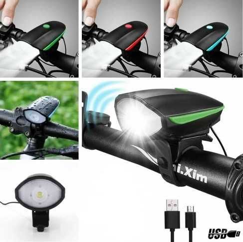 Мощен презаредим водоустойчив вело фар за колело с вграден клаксон
