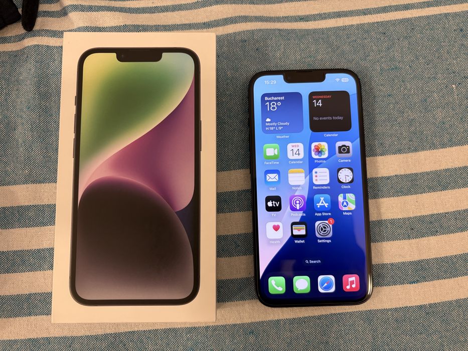 Telefon mobil APPLE iPhone 14 5G 128GB Black impecabil la cutie