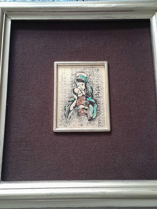 Tablou/pictură pe foiță aur 22K marcat - Madona cu pruncul - 22x20 cm