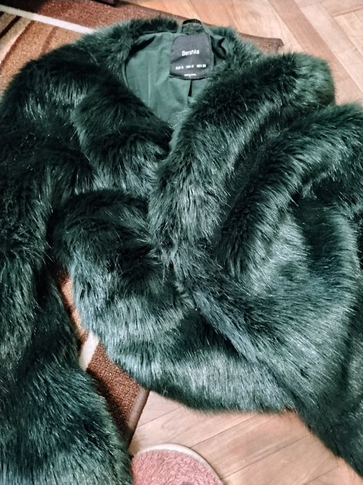 Дамски лот палто от изкуствен косъм + кожен клин+ пухена яка