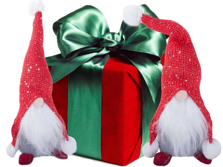 Decoratiune craciun gnom cu palarie si barba lunga 30 cm rosu-gri