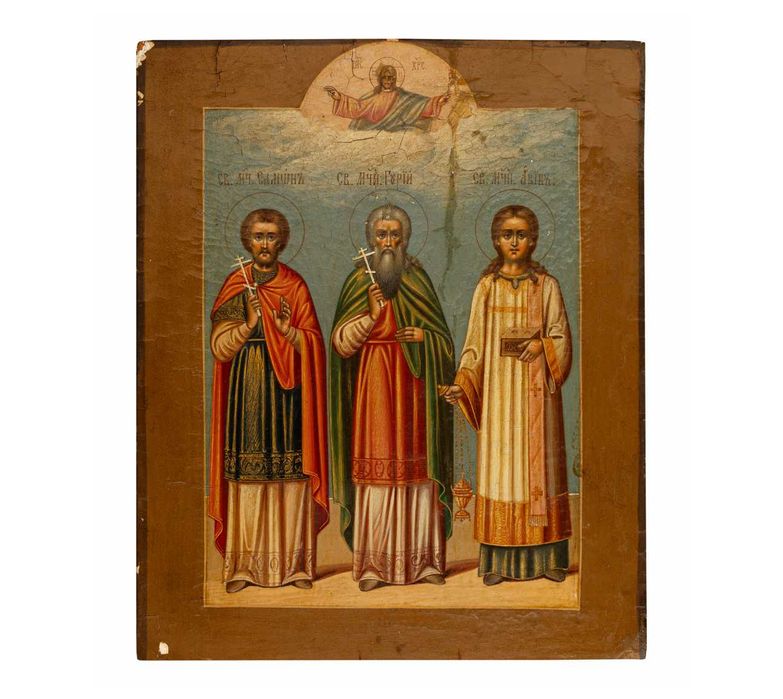 Icoană pe lemn „Sf. Samona, Sf. Gurie, Sf. Aviv”, șc. rusească, XIX
