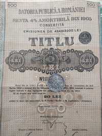 500 Lei Aur 1905 Titlu de Stat obligatiune la purtator neincasata