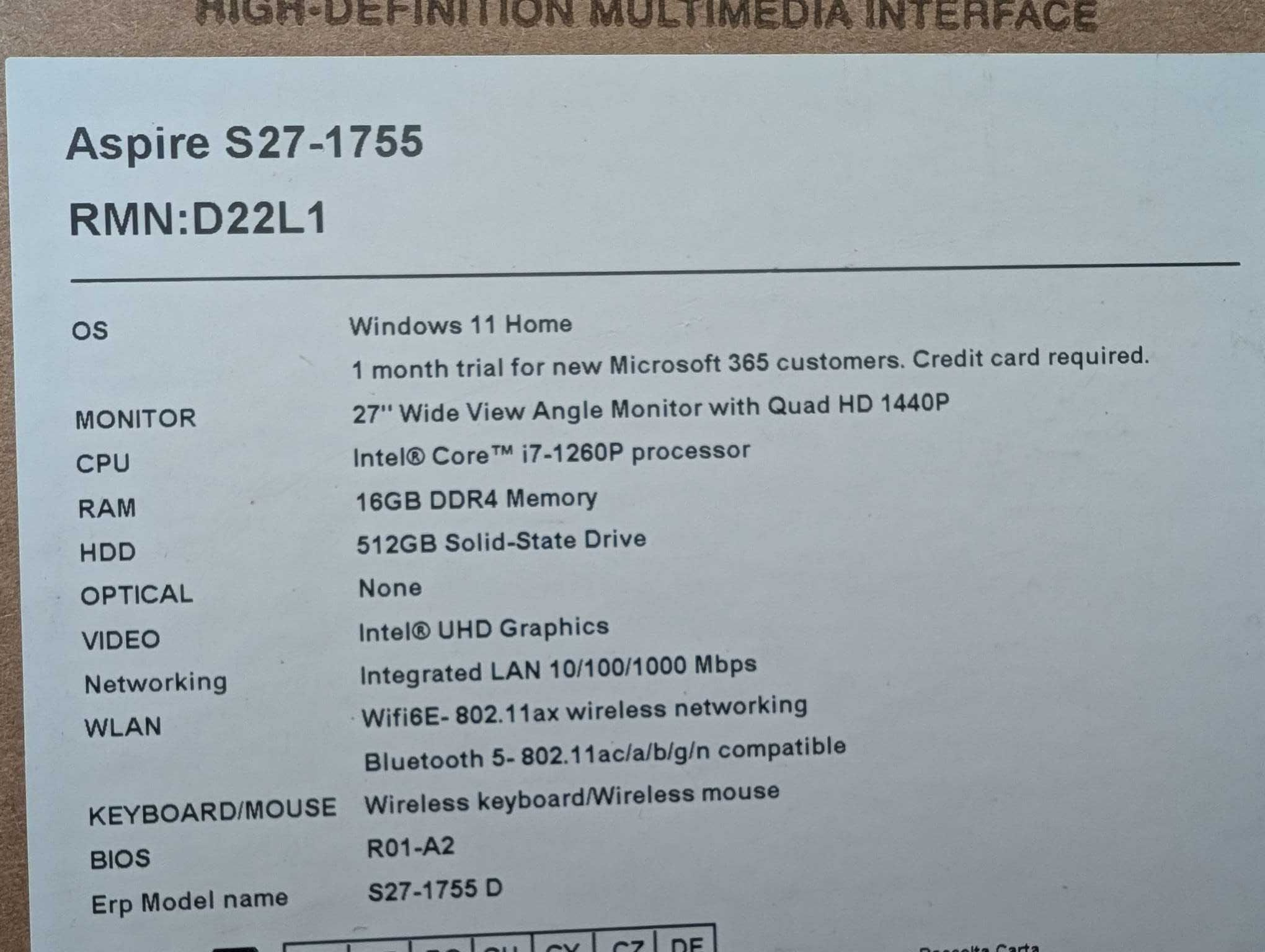 All in One ACER Aspire S27-1755 i7-1260P 27" WQHD 16GB 512SSD Win 11