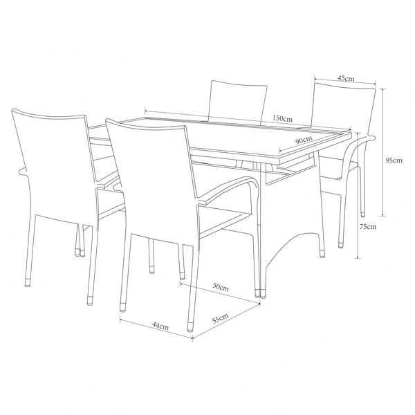 Set mobilier gradina/terasa 4 scaune si masă 150 x 90 Negru s au Bej