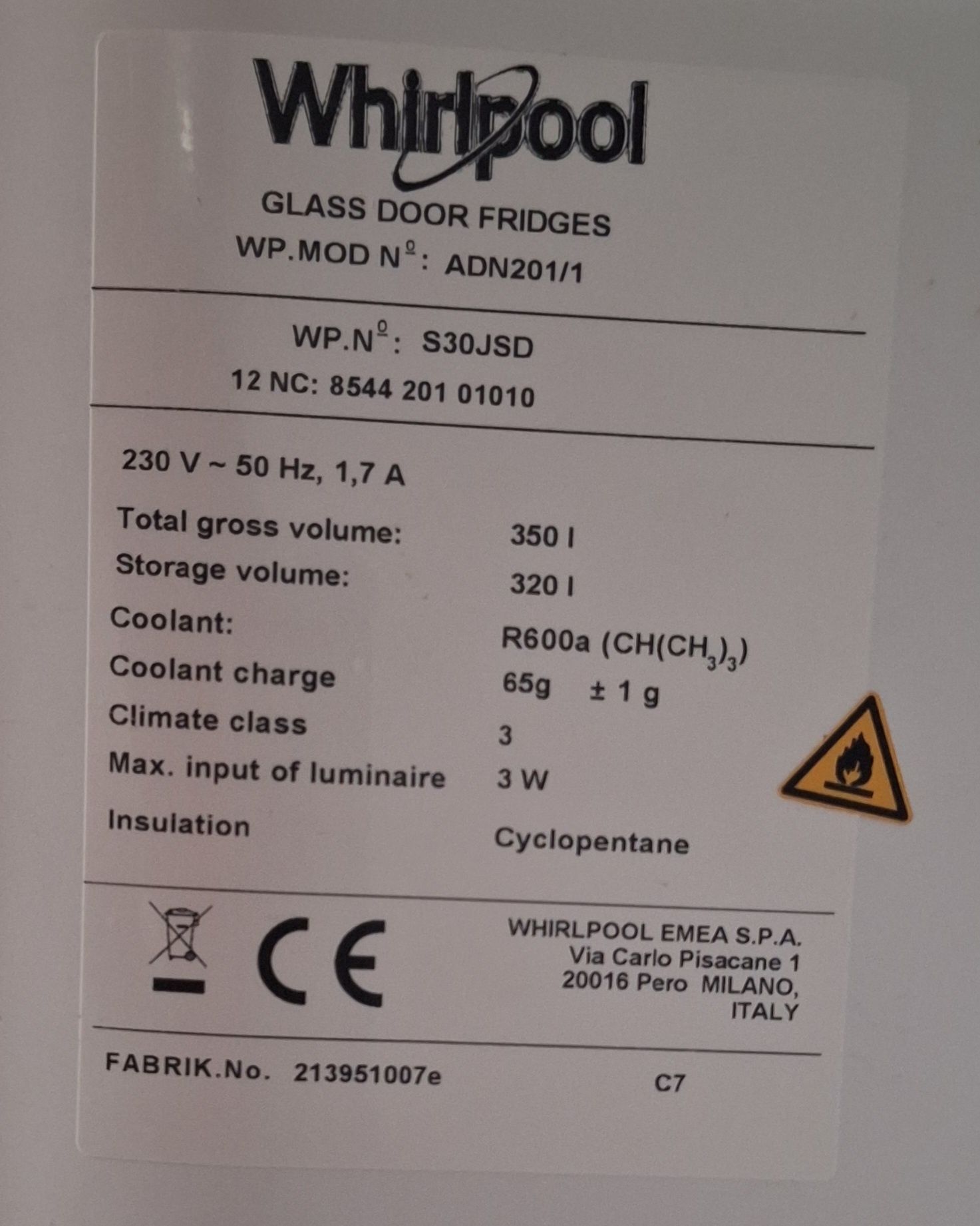 Vitrină frigorifică Whirlpool 320l