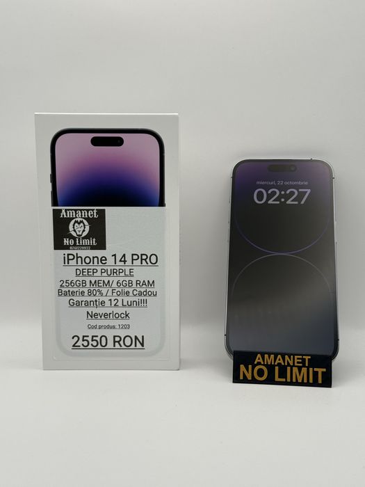 iPhone 14 Pro 256GB Deep Purple Ca Nou Garantie 1An, AMANET NO LIMIT.