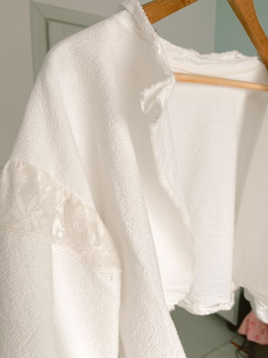 Bolero oversized din panza topita cu insertie de dantela, stil ie