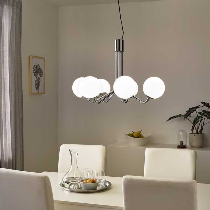 Doua Lustre Candelabre 7 braţe Ikea cromat opal sticlă, aplice